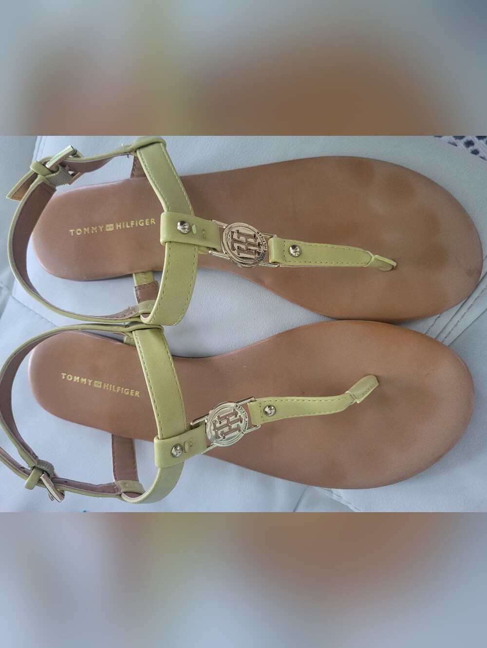Tommy Hilfiger Yellow Leather Logo T-Bar Sandals